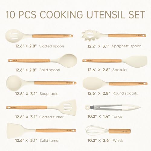 Kitchen Utensils Set with Wooden Handles - 10 Pieces Cream Food-Grade Silicone