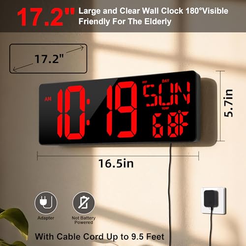 17.2"Large Digital Wall Clock Large Display with Remote Control