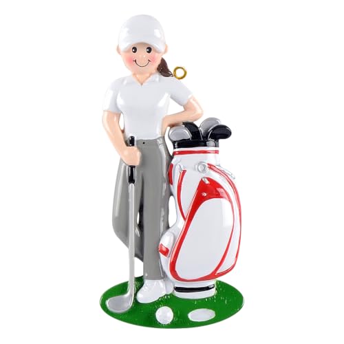 Female Golfer Christmas Tree Ornament 2026 with White Golf Bag and
