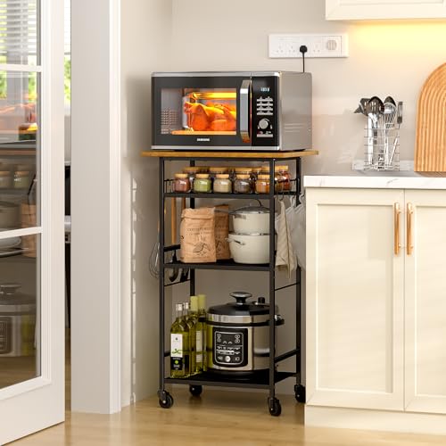 Brown 4-Tier Kitchen Microwave Cart on Wheels with Storage and Hooks