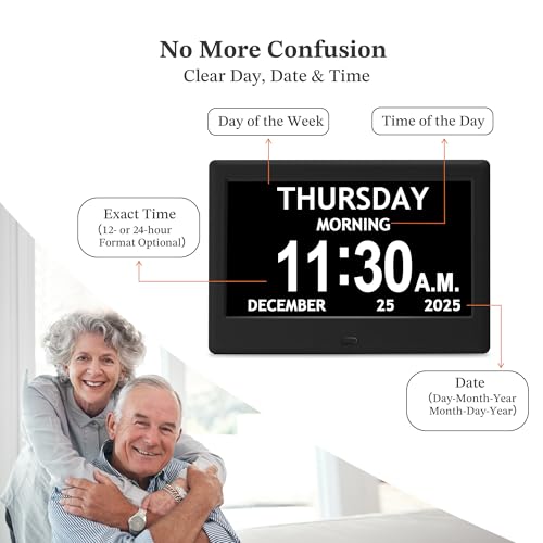 7-Inch Dementia Clocks for Seniors - Large Digital Display with Date & Time - Black Variation