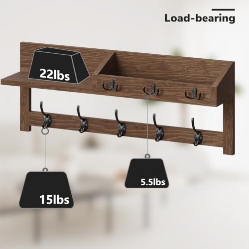 AMBIRD Wall Hooks with Shelf - 26.57 Inch Wooden Coat Rack with Dual & Key Hooks for Entryway, Brown