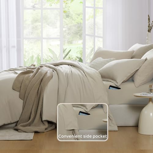 King Size Comforter Set - 7 Pieces Prewashed Bed in a Bag Light Oatmeal - King Bedding
