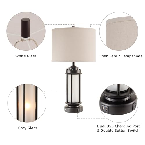 2 Pack Modern Bedside Table Lamps with USB Charging Ports - Black & White