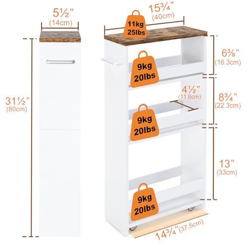 White TEAMIX Slim 4-Tier Rolling Storage Cart for Narrow Spaces, Kitchen & Laundry