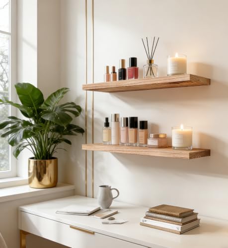 HXSWY 17 Inch Rustic Wood Floating Shelves Set of 6 - Farmhouse Wall Storage, Light Brown
