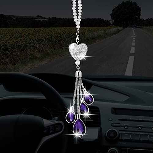 Frienda Bling Heart Car Charms Car Accessories for Women Christmas Crystal Rear View Mirror Hanging Charm Diamond Decoration Lucky Interior Ornament Pendant Gift for Valentine(9.8 Inch,Purple)