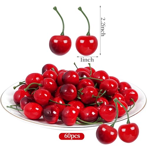 jiebor 60Pcs Fake Cherries Artificial Plastic Faux Fruit Ornament for Birthday Party Decoration Photography Props Kitchen Home Market Display