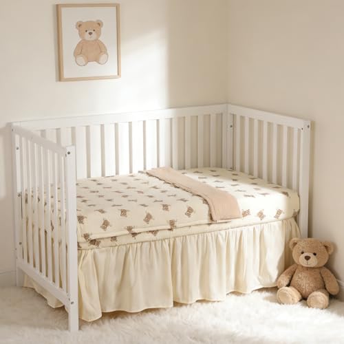 Organic Cotton Baby Crib Bedding Set with Bear Pattern - 3 Piece Nursery Quilt and Fitted Sheet, Toddler Bed Decor
