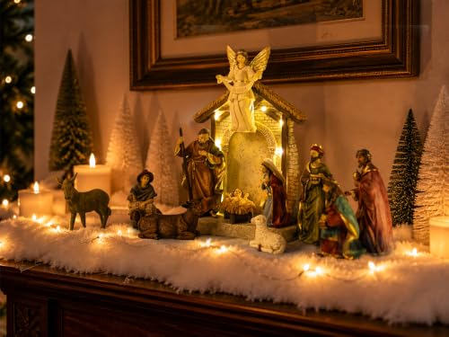 13-Piece Christmas Nativity Scene Set with Lighted Stable - Hand-Painted Religious Holiday Decor