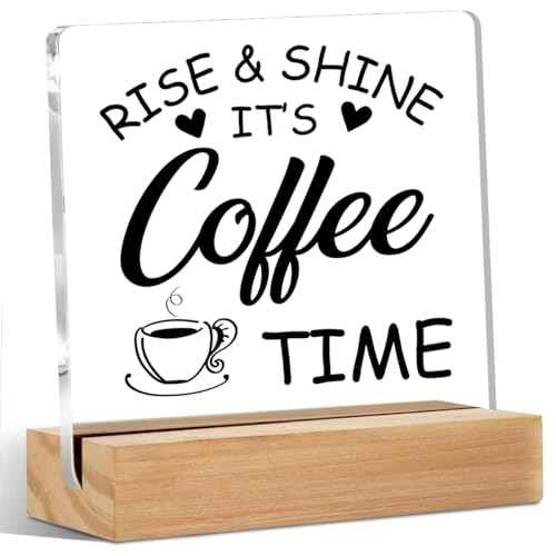Coffee Bar Decor Acrylic Sign with Wood Stand, Coffee Lover Gifts Coffee Decor Coffee Shop Bedroom Living Room Desk Cubicle Coffee Table Shelf Decor, Coffee Gifts for Coffee Lovers Coffee Sign