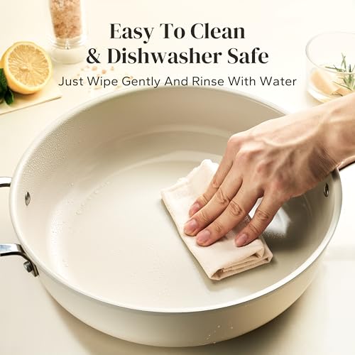 Redchef Ceramic Saute Pan with Lid - 5QT Nonstick Deep Frying Pan, 11 Inch, Beige