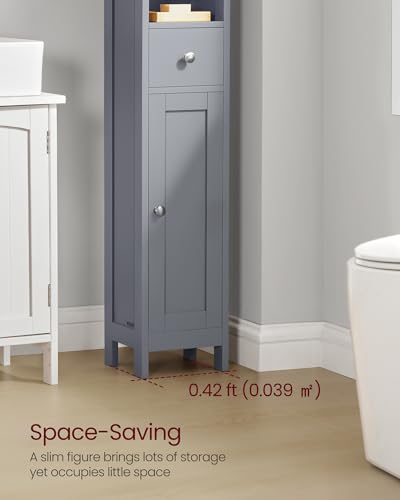 VASAGLE Tall Bathroom Cabinet - Slim Freestanding Storage with Drawer & Open Shelves, Dove Gray, 7.7D x 8.4W x 70.9H, No Lights
