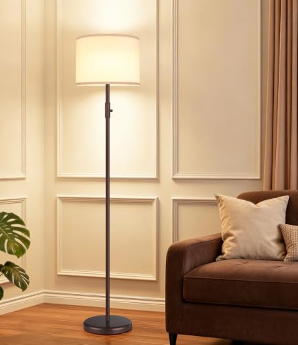 Yemela Upgraded Dimmable Floor Lamp with Linen Shade - Brown-Beige Tall Standing Light for Living Room & Bedroom