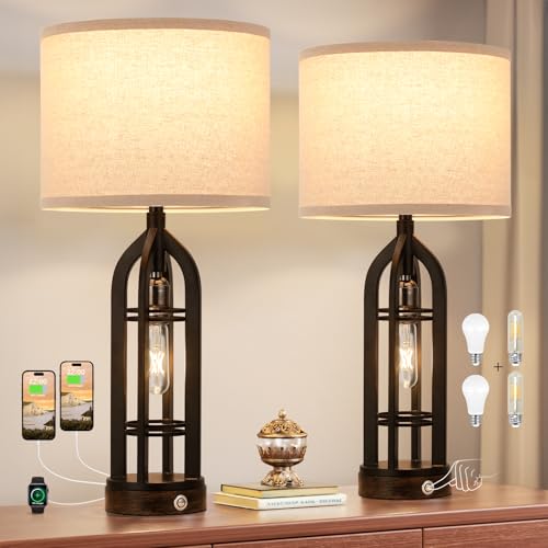 Seealle Farmhouse 3-Way Dimmable Table Lamps Set of 2 with Oat Shade & Black Base