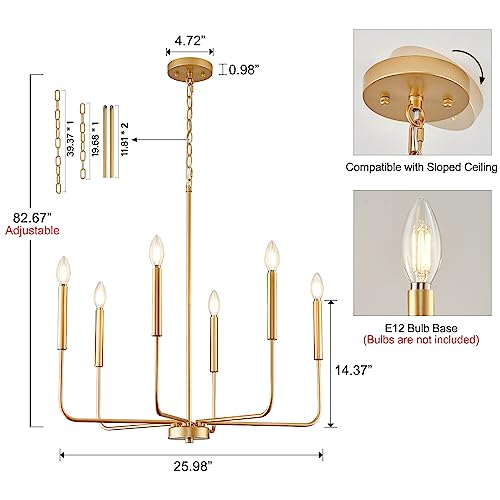 Gold 6-Light Candle Chandelier for Dining Room Farmhouse Pendant Light Fixture - Adjustable Height