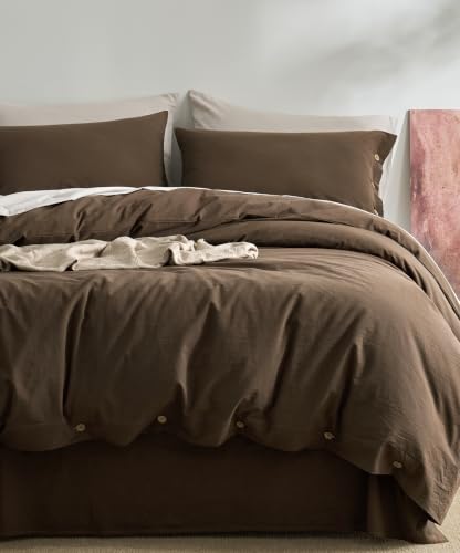 JELLYMONI Queen Brown Washed Cotton Duvet Cover Set 90x90 Linen-Like Organic Style