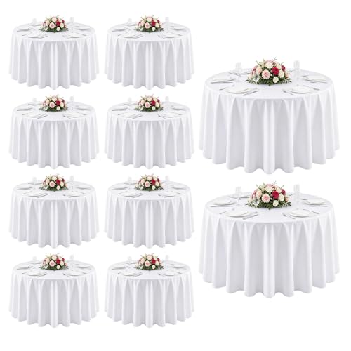 White Round Tablecloth 120 Inch 10 Pack - Washable Polyester Cover for 48-72 Inch Tables - Wedding & Party Linen