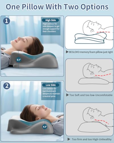 Beslovo Grey Cervical Pillow for Neck Pain Relief - Ergonomic Memory Foam Support for Side, Back & Stomach Sleepers