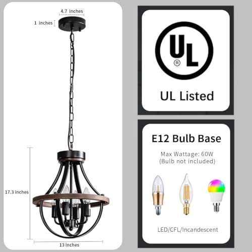 Farmhouse Pendant Light Fixture - 4-Light Rustic Ceiling Chandelier with Adjustable Chain - Brown Black Variation