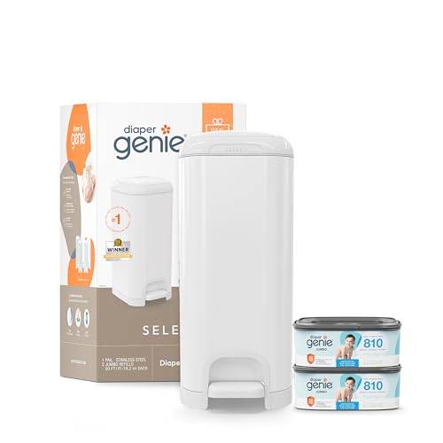 Diaper Genie Select Pail Gift Set Lily White - Stainless Steel Diaper Disposal with 2 Jumbo Refills