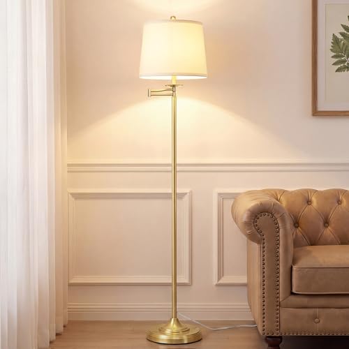 Vintage Floor Lamp with Swing Arm & 3-Way Bulb - Gold with White Shade, 61"