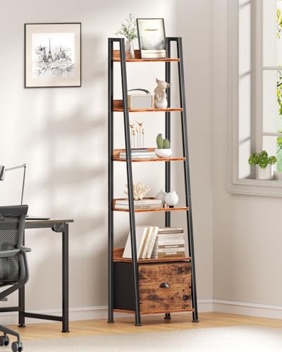 Furologee Rustic Brown 6-Tier Ladder Shelf with Fabric Drawer - Tall Storage Bookcase