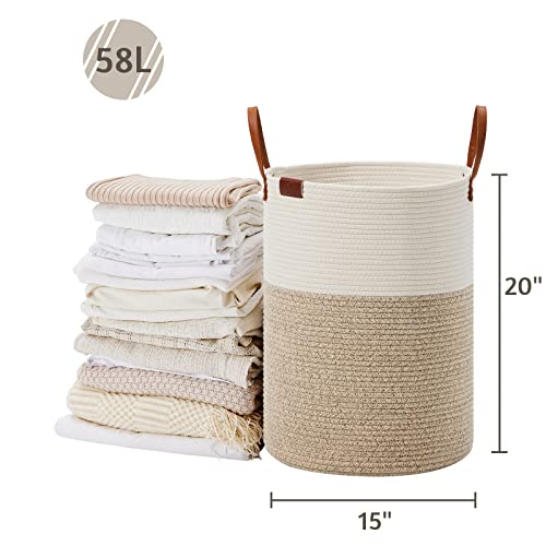 Tall Laundry Basket with Leather Handle - 58L Woven Rope Storage Hamper, Brown