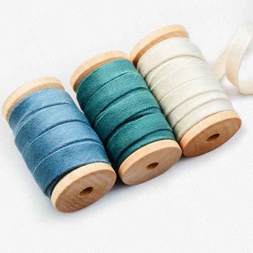Velvet Ribbon Set 3/8" Wide 3 Rolls * 5Yd Wooden Spool Fabric Trim for Christmas Decoration Handmade Craft Ornaments Gift Wrapping Decoration Party Wedding Arts Crafts£¨Blue & Beige£©