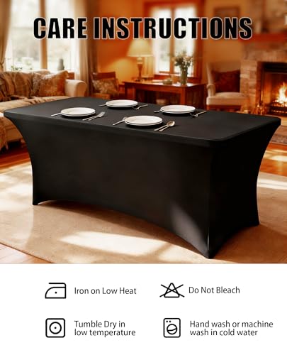 Stretch Fitted Black Tablecloth for 6ft Rectangular Tables - 6 Pack, 30x72 Inches, Spandex Washable Event Cover - Variation of 6