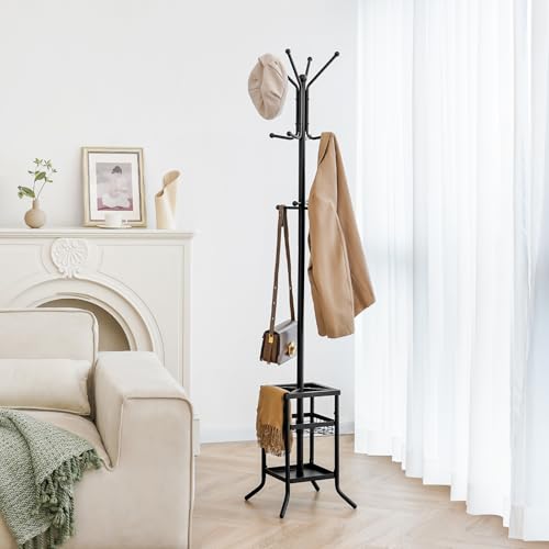 Black Yoobure Freestanding Coat Rack with Umbrella Holder, 12 Hooks, Modern Entryway Stand