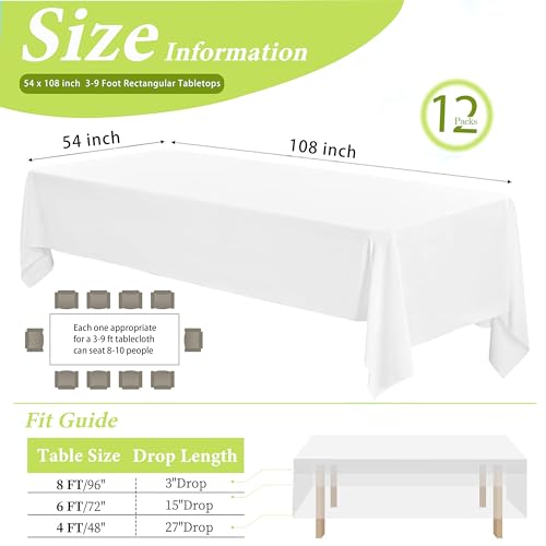 White Paper Tablecloths for Rectangle Tables - 54 x 108 Inches - 12 Pack - Disposable Party Table Cover - Wedding & Event Decor