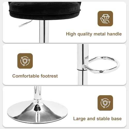 Adjustable Velvet Bar Stools Set of 2 with Backrest - Black