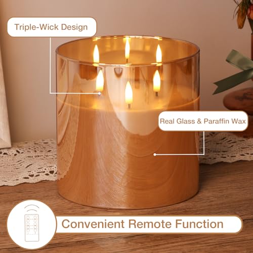 Eywamage Amber Gold 3 Wick Flameless Candle with Remote & Timer