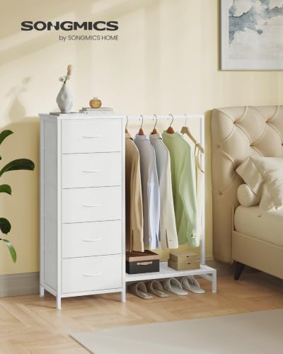 SONGMICS Cloud White Dresser with Hanging Rod & 5 Fabric Drawers, Adjustable Storage