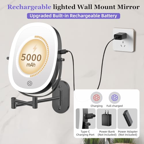 Rechargeable Wall Mounted Lighted Makeup Mirror - Black, 30x Magnification