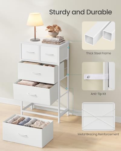 Cloud White Tall Dresser with 5 Fabric Drawers - Steel Frame & Wooden Top