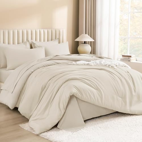Litanika Oversized King Comforter Set with Sheets Beige - 7 Pieces Bed in a Bag, 120x98 Inches
