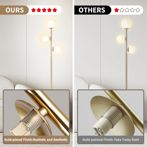 Vallerico 3-Globe Mid Century Floor Lamp - Gold Finish, Adjustable Height, Marble Base