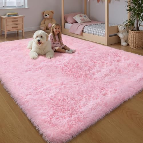 Pink Fluffy 9x12 Area Rug for Bedroom & Living Room - Soft Washable Shag
