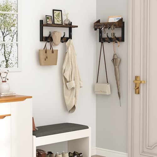 Rustic Brown 29-Inch Wall Mount Coat Rack with Shelf and Hooks - Entryway Organizer
