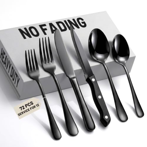 Black Silverware Set 72 Pieces for 12 - No Fading Steak Knives Flatware