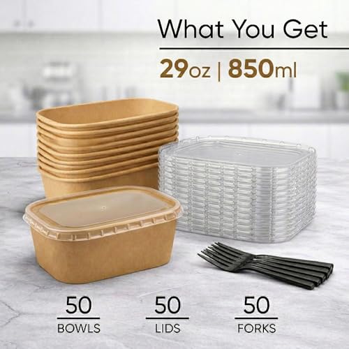 29oz Disposable Meal Prep Containers with Lids - 50 Pack, Paper Food Bowls