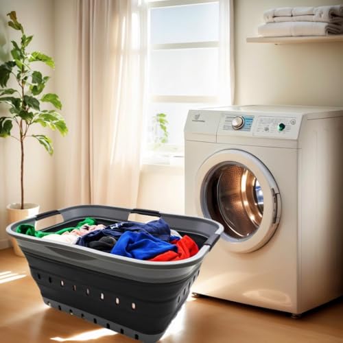 Collapsible Laundry Basket with Handles - 42L Space Saver Storage Bin - Grey/Black