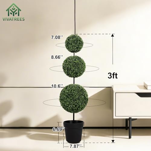 VIVATREES 3ft UV-Resistant Artificial Triple Ball Boxwood Topiary Set of 2 – Outdoor & Indoor Decor