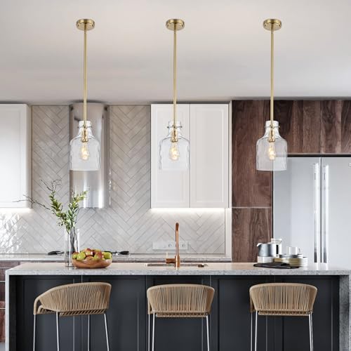 Pendant Light Fixture with Hammered Glass Shade - Gold Finish, 7 Inch, Adjustable Hanging for Kitchen Island & Dining - Variation of Gold Hammered Glass / 1-Light