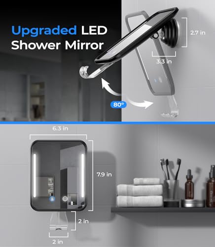 Gospire Black Heated Fogless Shower Mirror with Light, 6.3x7.9 inches, Rechargeable & Rotatable for Shaving