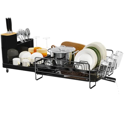 Extendable Dish Drying Rack - Black, Adjustable Countertop Drainer with Drainboard