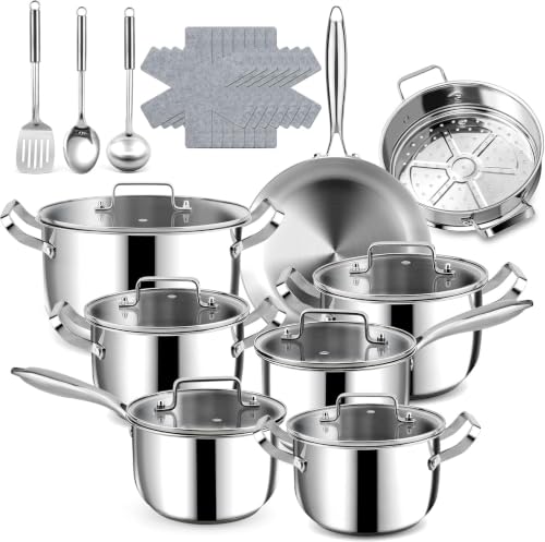 Fruikit 24-Piece Stainless Steel Cookware Set with Steamer & Heavy-Duty Pots & Pans