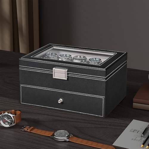 BEWISHOME Black & Gray 20-Slot Watch Organizer with Glass Lid